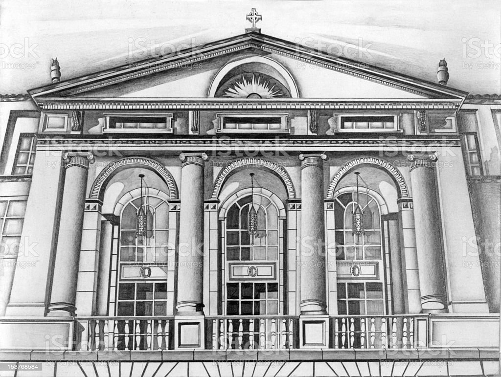 Фасад театрального здания карандашом