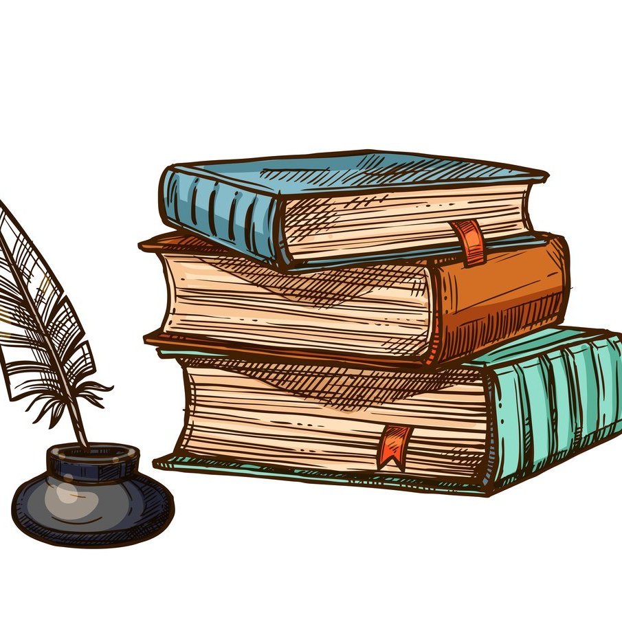 Стопка книг с чернильницей