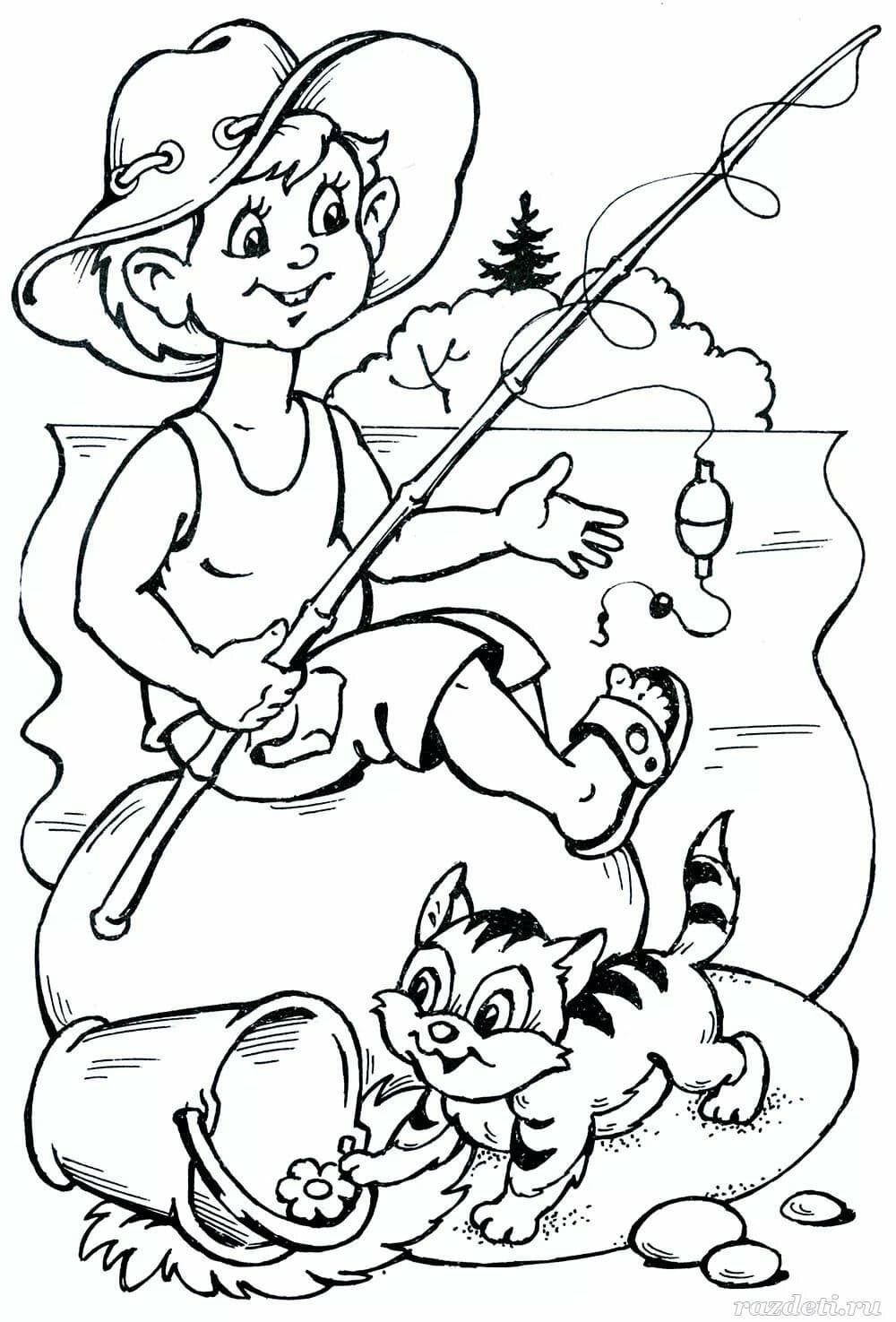 Раскраска мальчик на рыбалке для детей