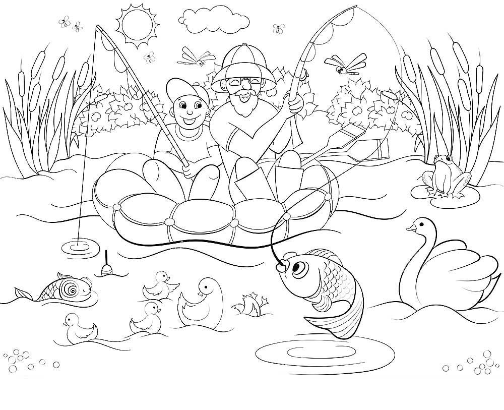 Мальчик с удочкой раскраска