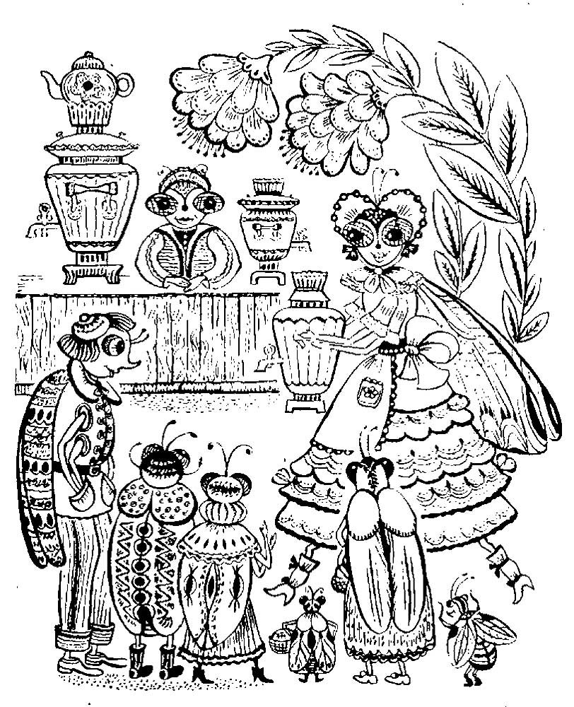 Чуковский раскраски к сказкам Муха Цокотуха