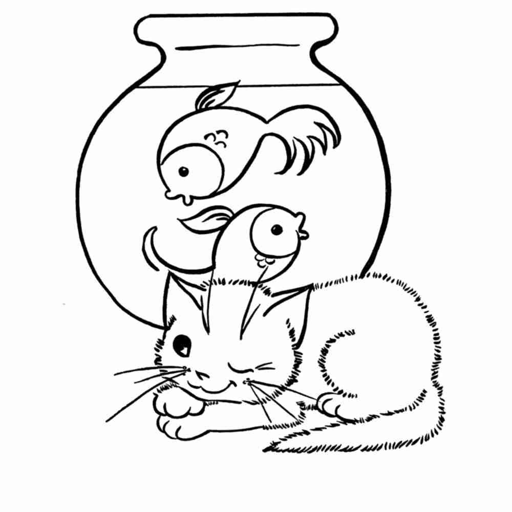 Раскраска котик с рыбкой