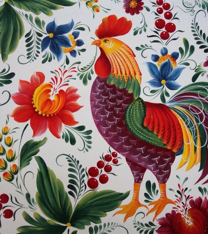 Петриковская роспись Петушки