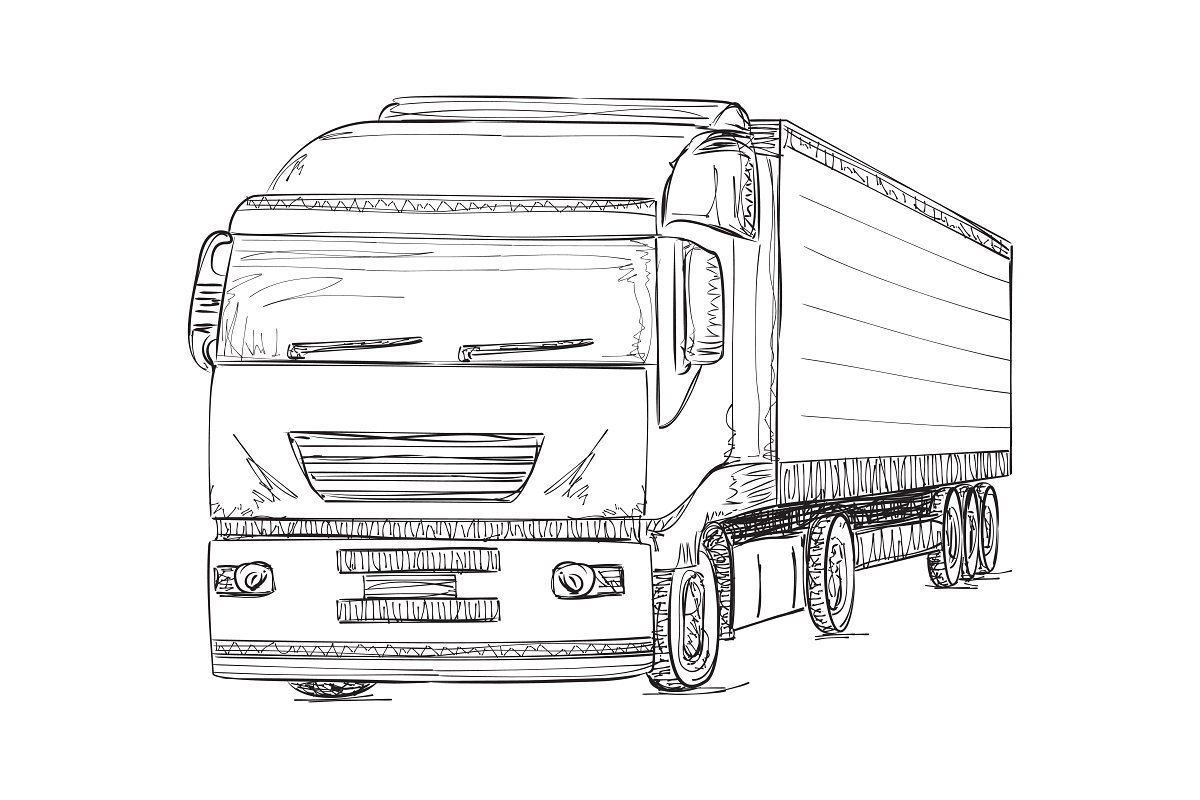 Грузовик с прицепом в карандаше