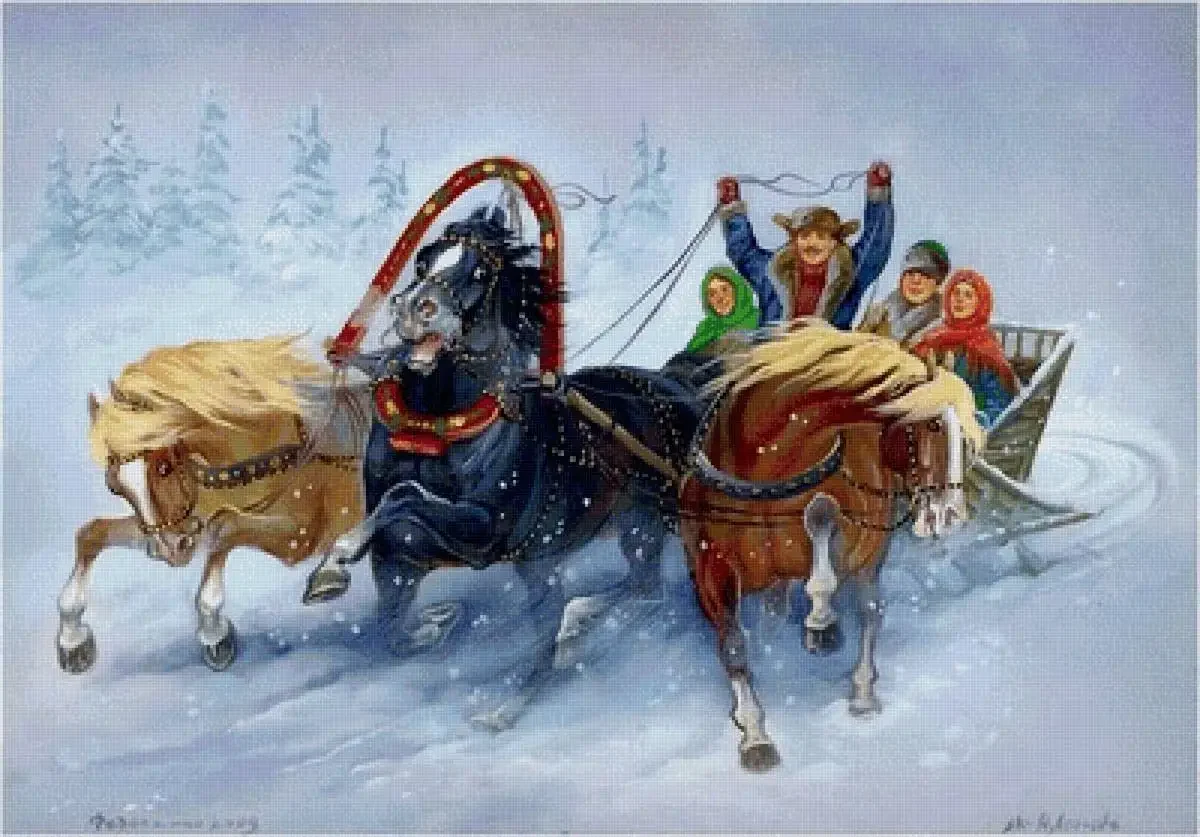 Федоскинская миниатюра тройка лошадей