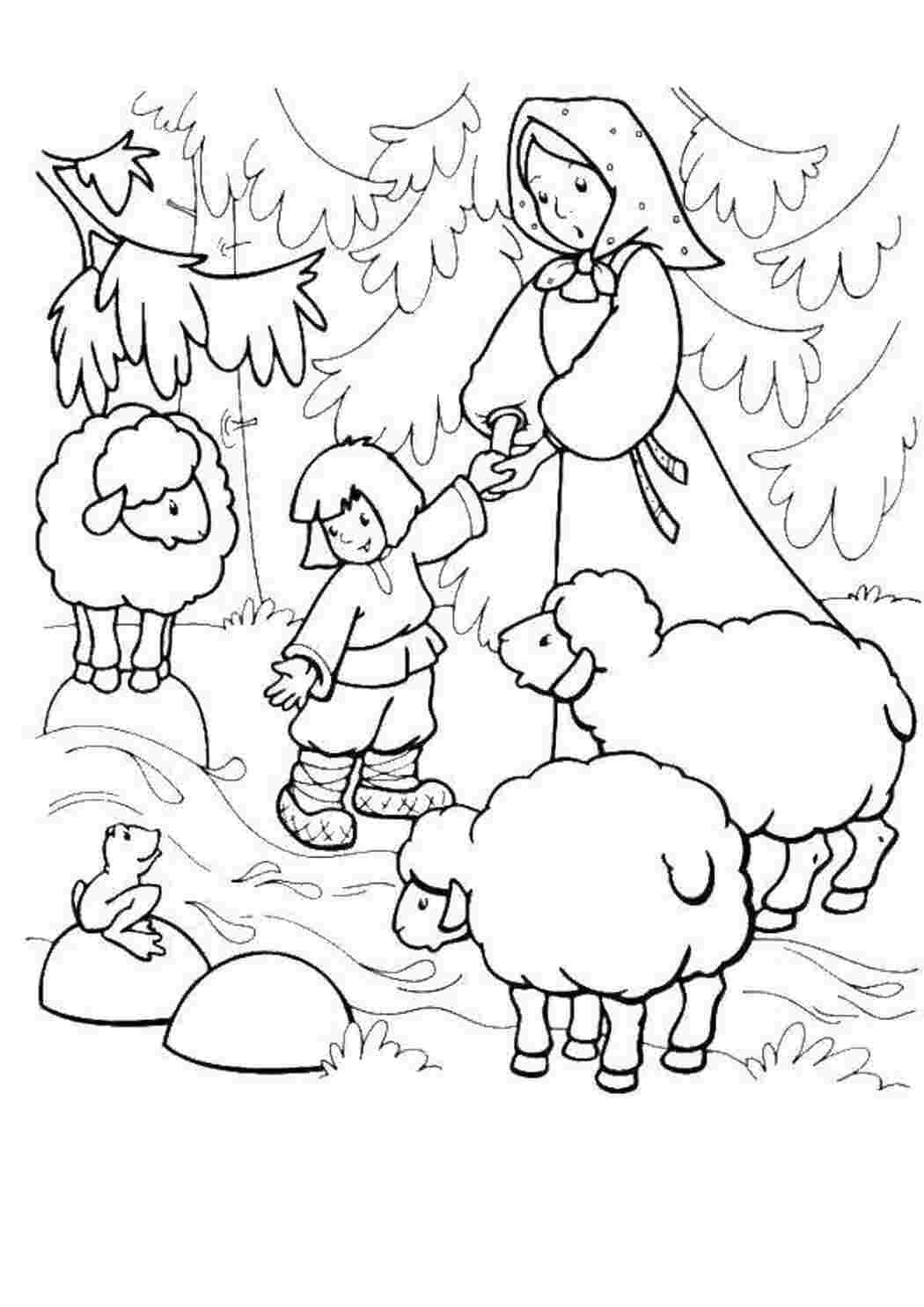 Раскраски из сказки гуси лебеди для детей