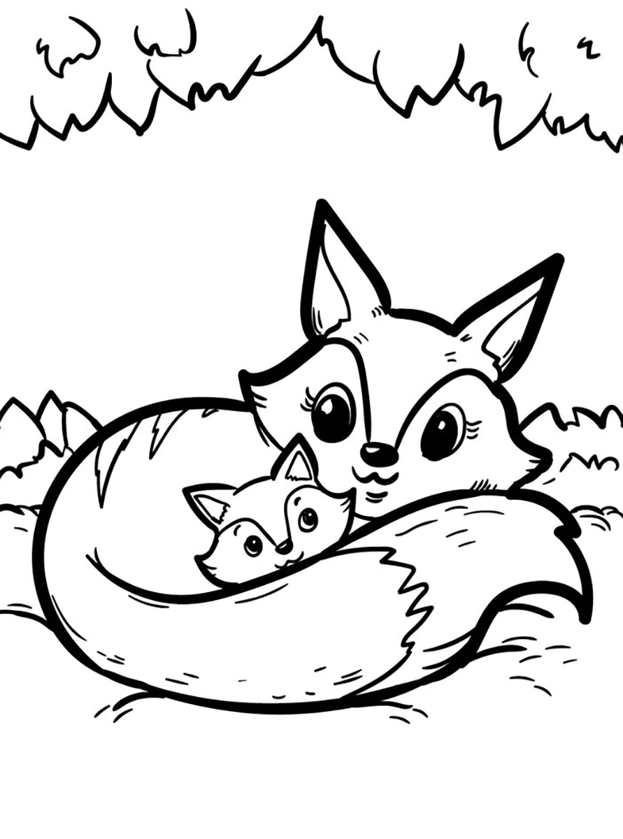 Раскраска лиса ухаживает за своими детьми
