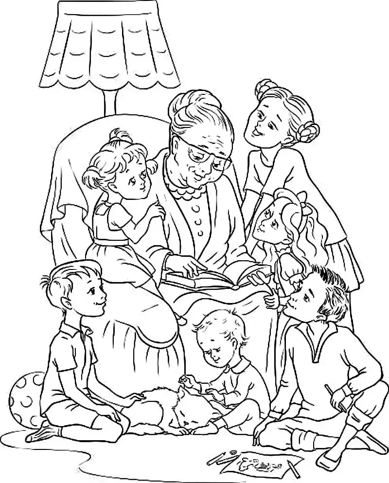 Раскраска бабушка с книгой