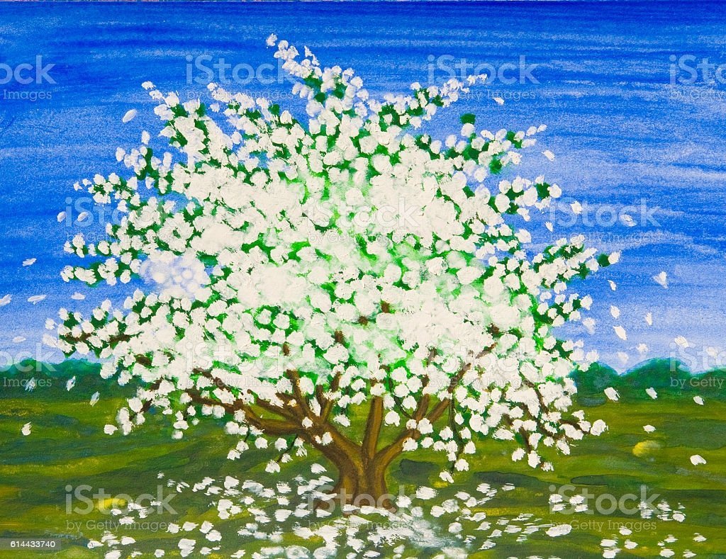 Цветущее дерево ватными палочками