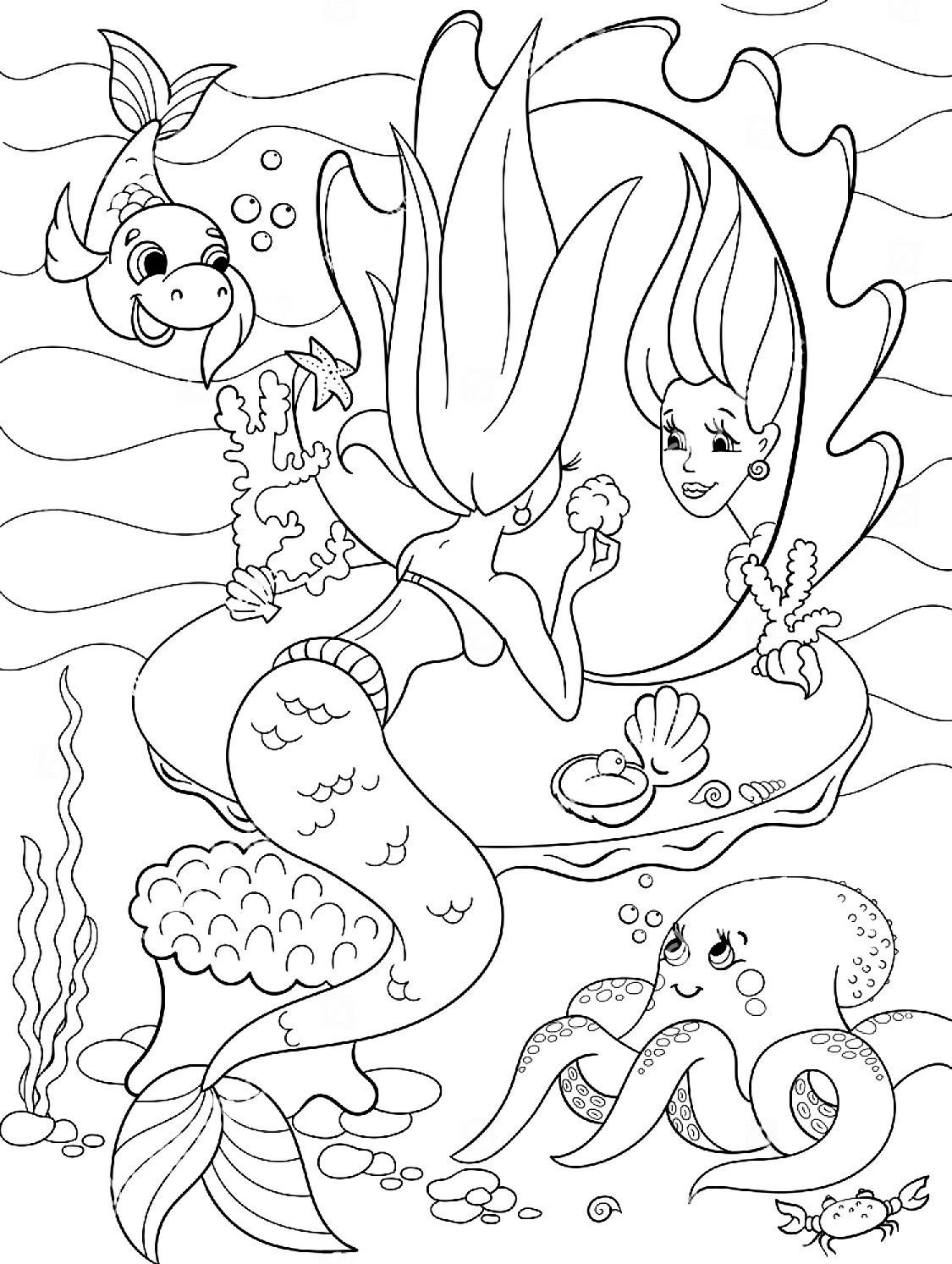 Раскраски для девочек с длинными волосами русалки