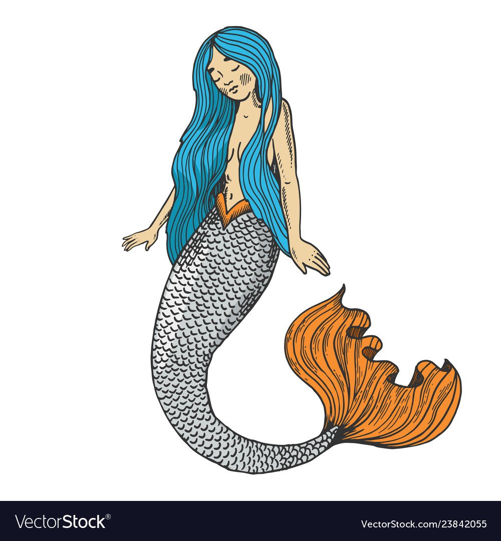 Нарисованная Русалка на белом фоне