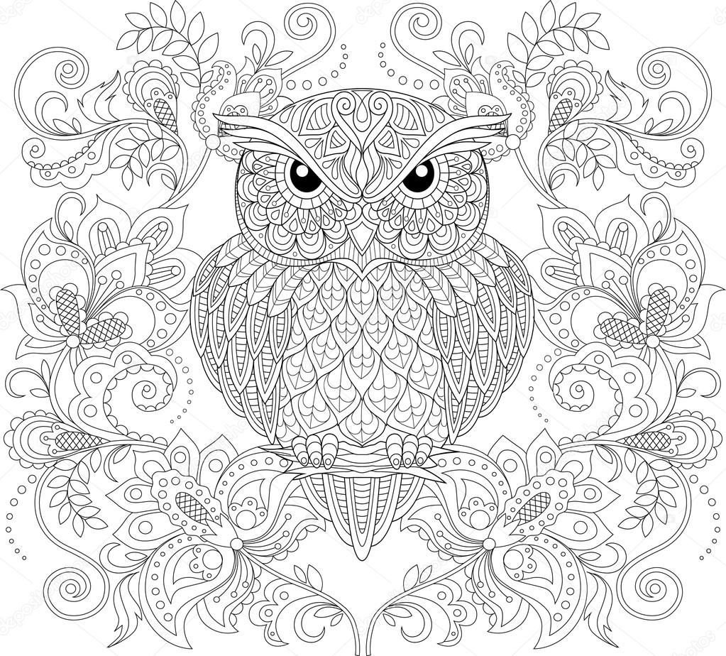 Сова антистресс раскраска в цвете
