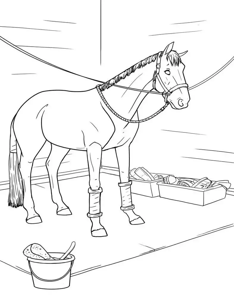 Раскраска лошади в конюшне