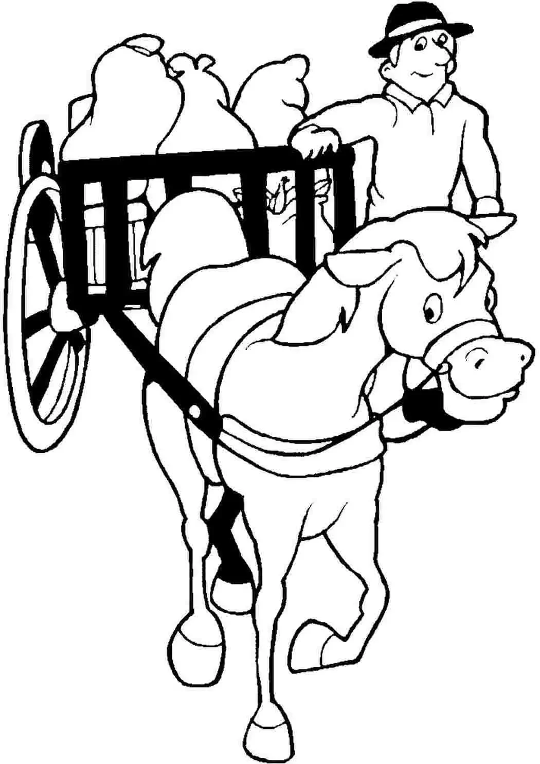 Раскраска лошадка с тележкой