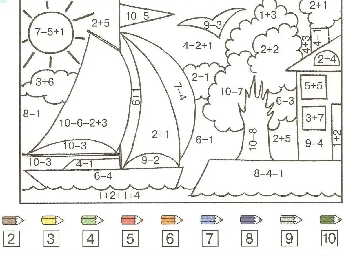Раскраска таблица сложения и вычитания в пределах 20