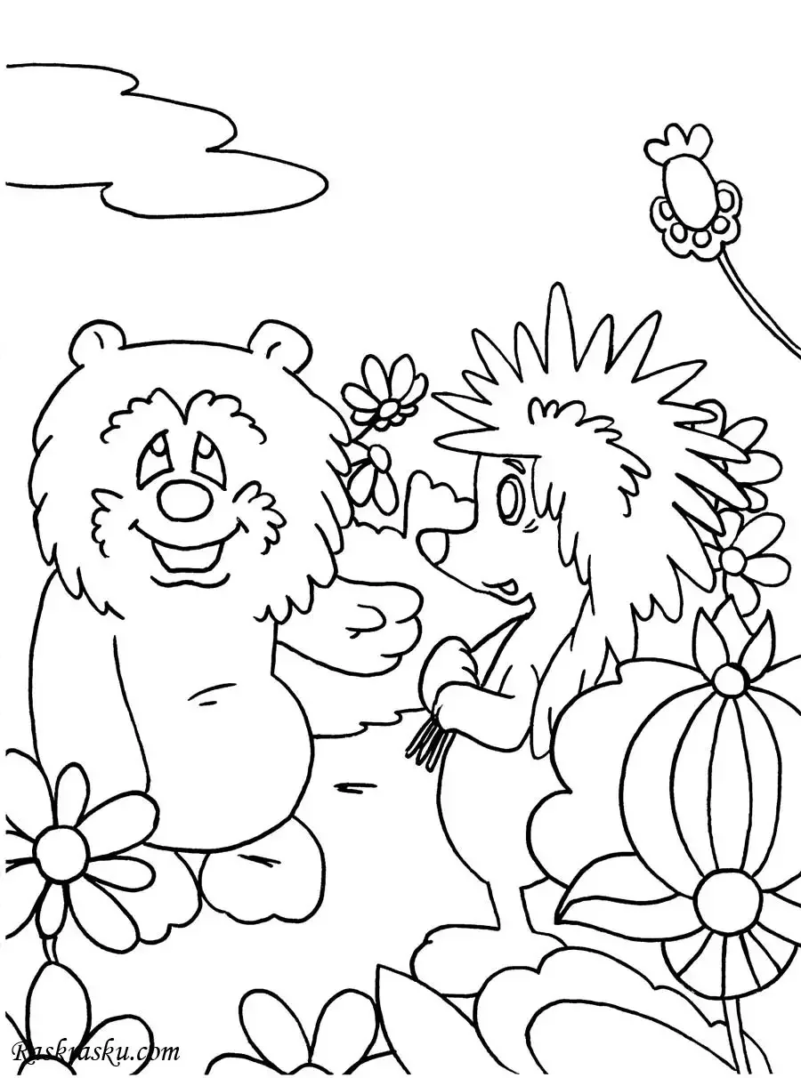 Раскраски для детей Медвежонок и Ежик