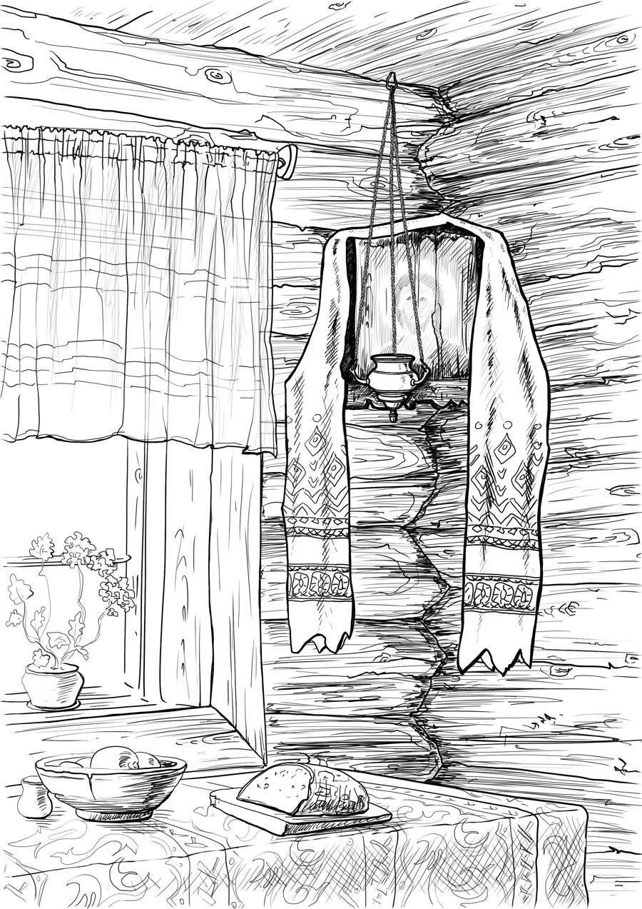 Эскиз внутреннего убранства русской избы