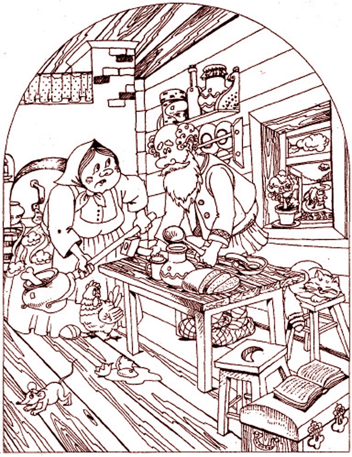 Раскраска русская изба Сказочная внутри