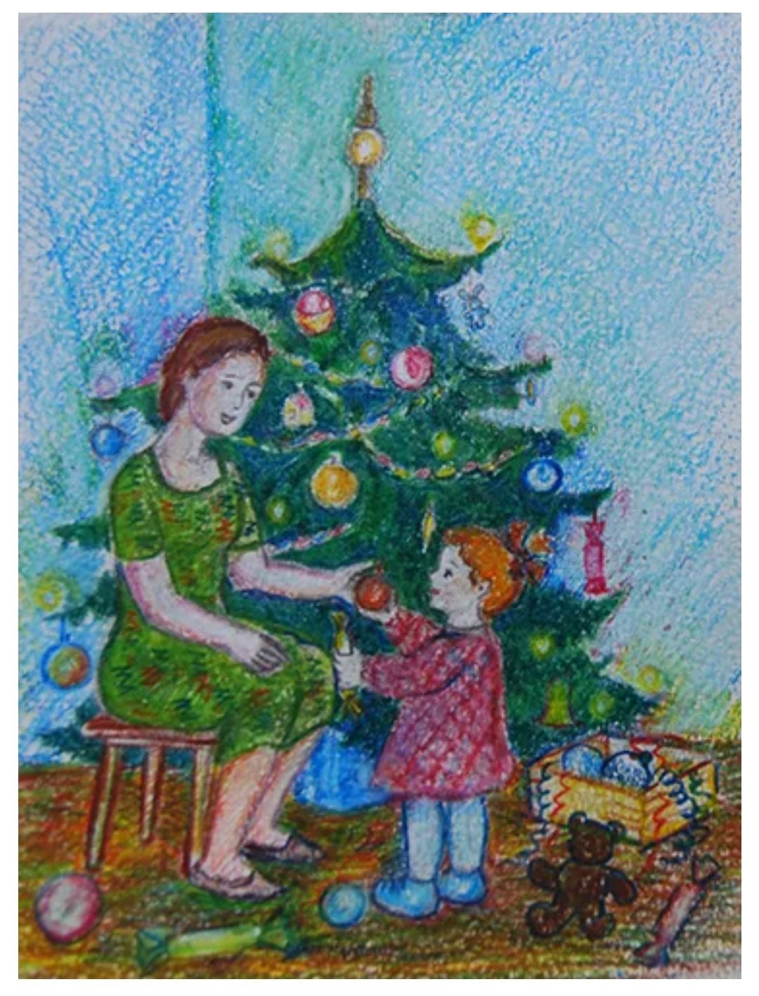 Новый год семья наряжает елку рисунки