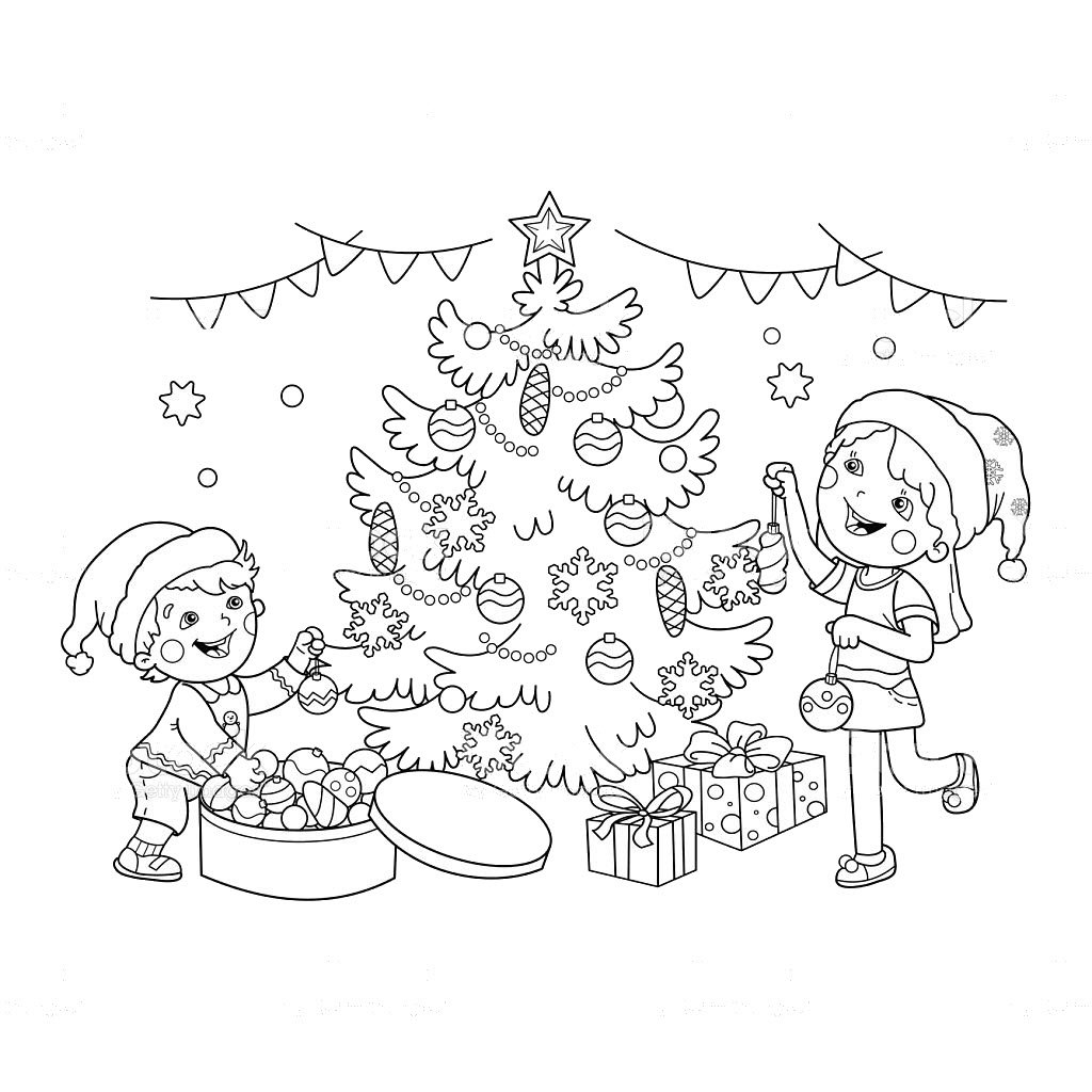 Раскраска для малышей дети наряжают елку