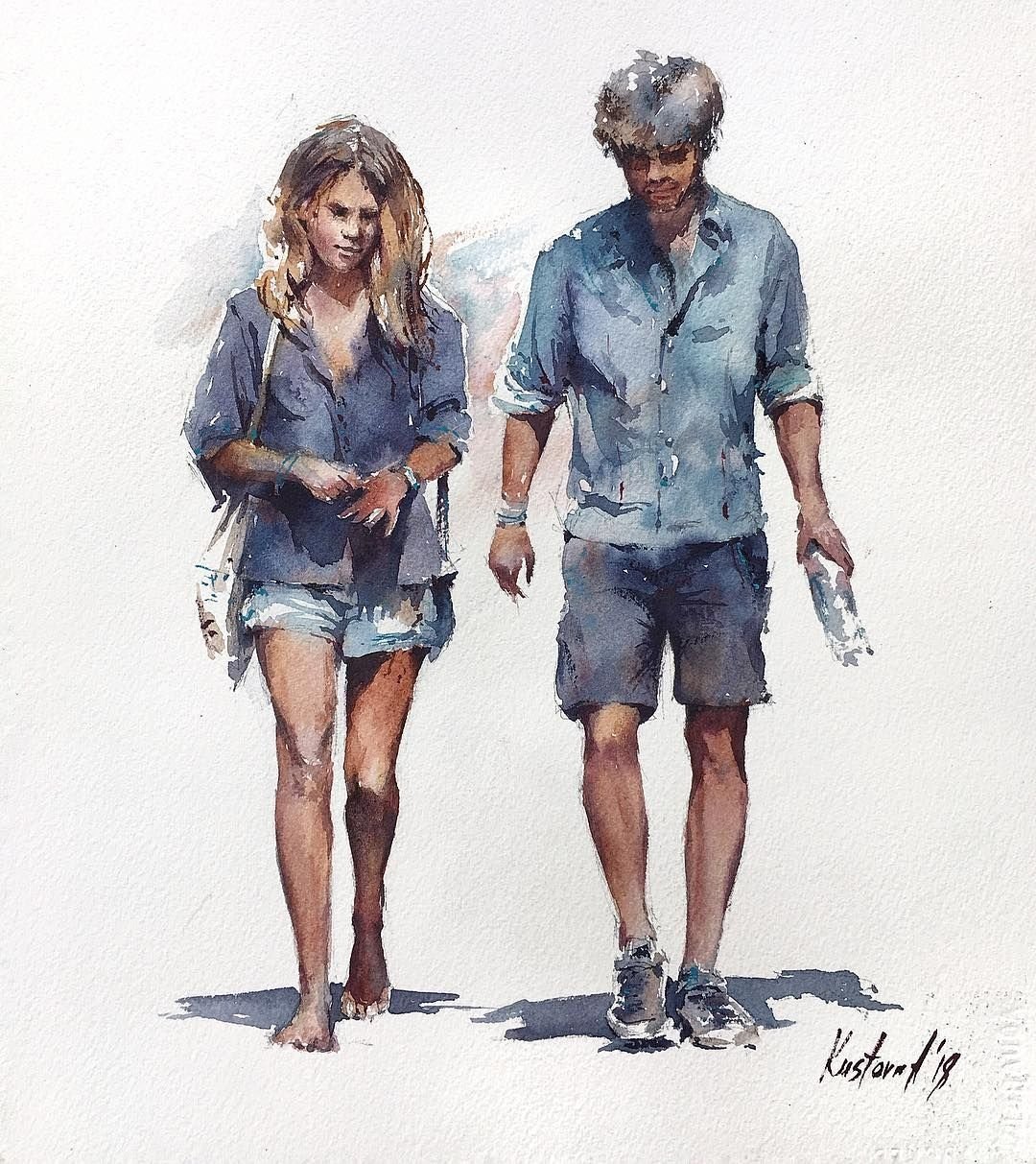 Девушка за компьютером акварель