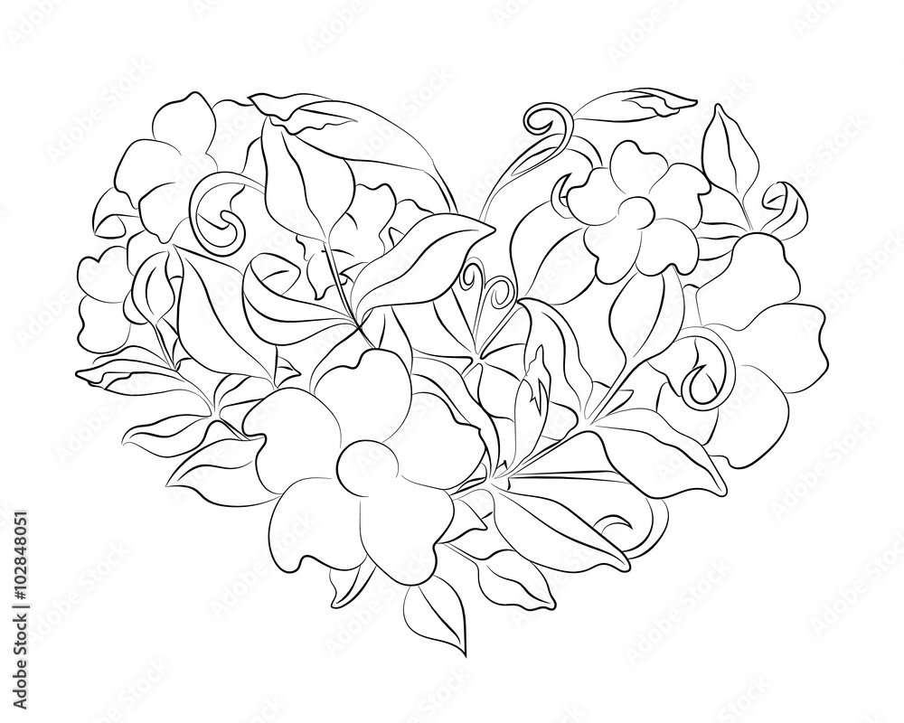 Букет цветов с сердечком раскраска