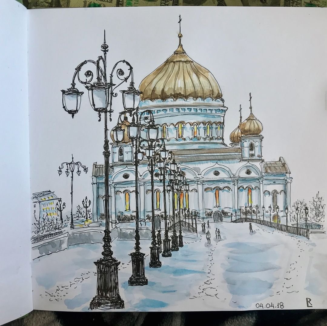 Храм Христа Спасителя акварель