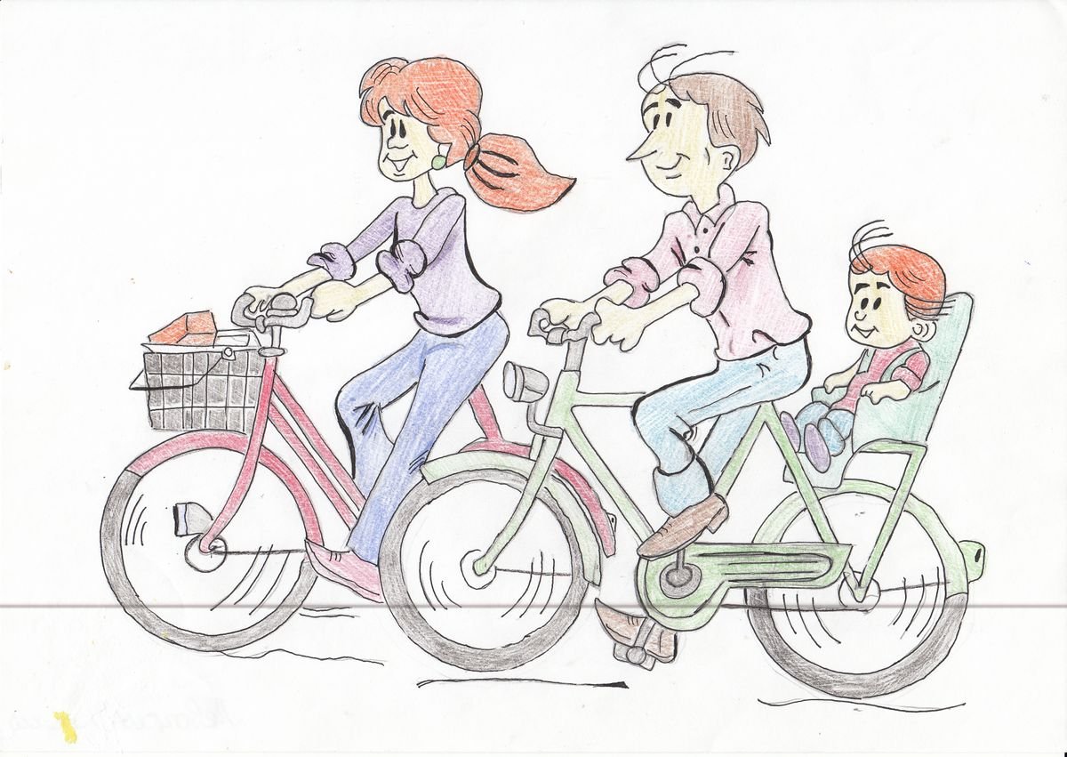 Рисунок пастелью семья на велосипедах