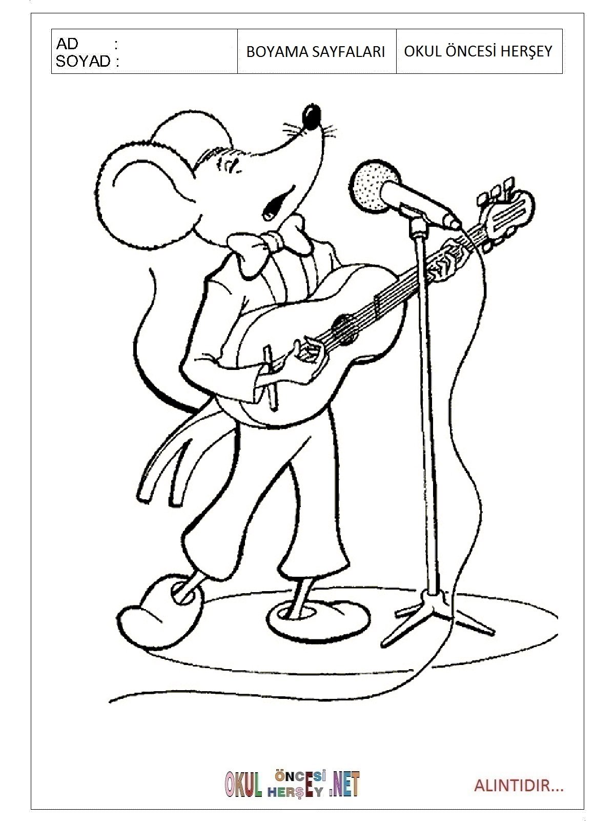 Мышонок с гитарой раскраска