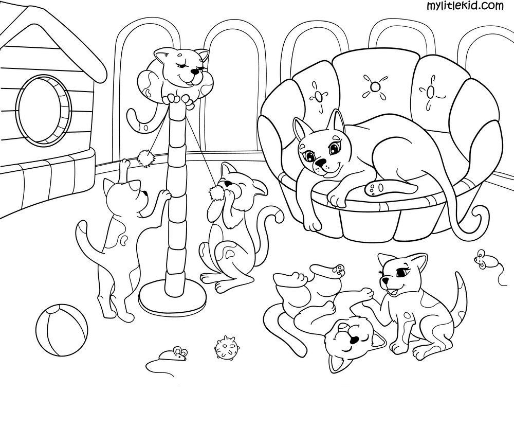 Раскраска домик с котятами