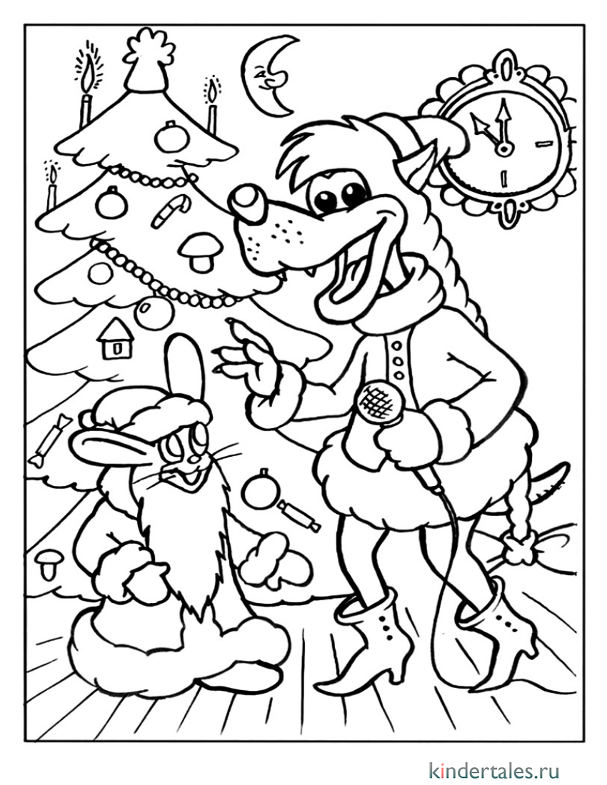 Волк Новогодняя раскраска для детей
