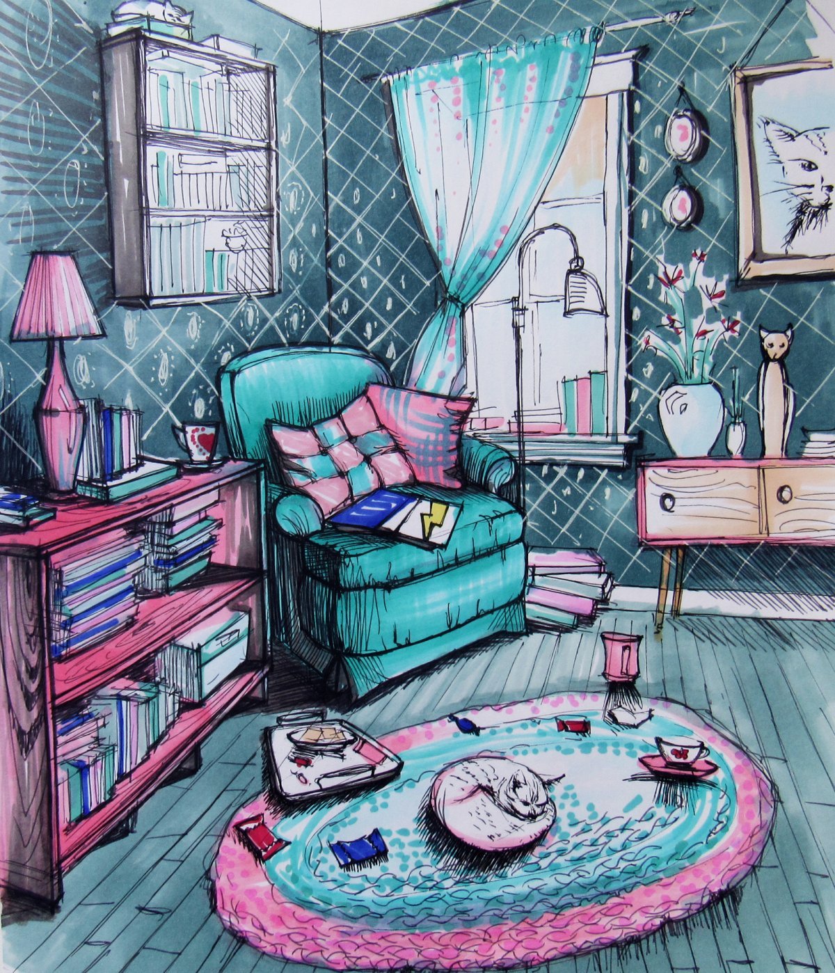 Интерьер цветными карандашами