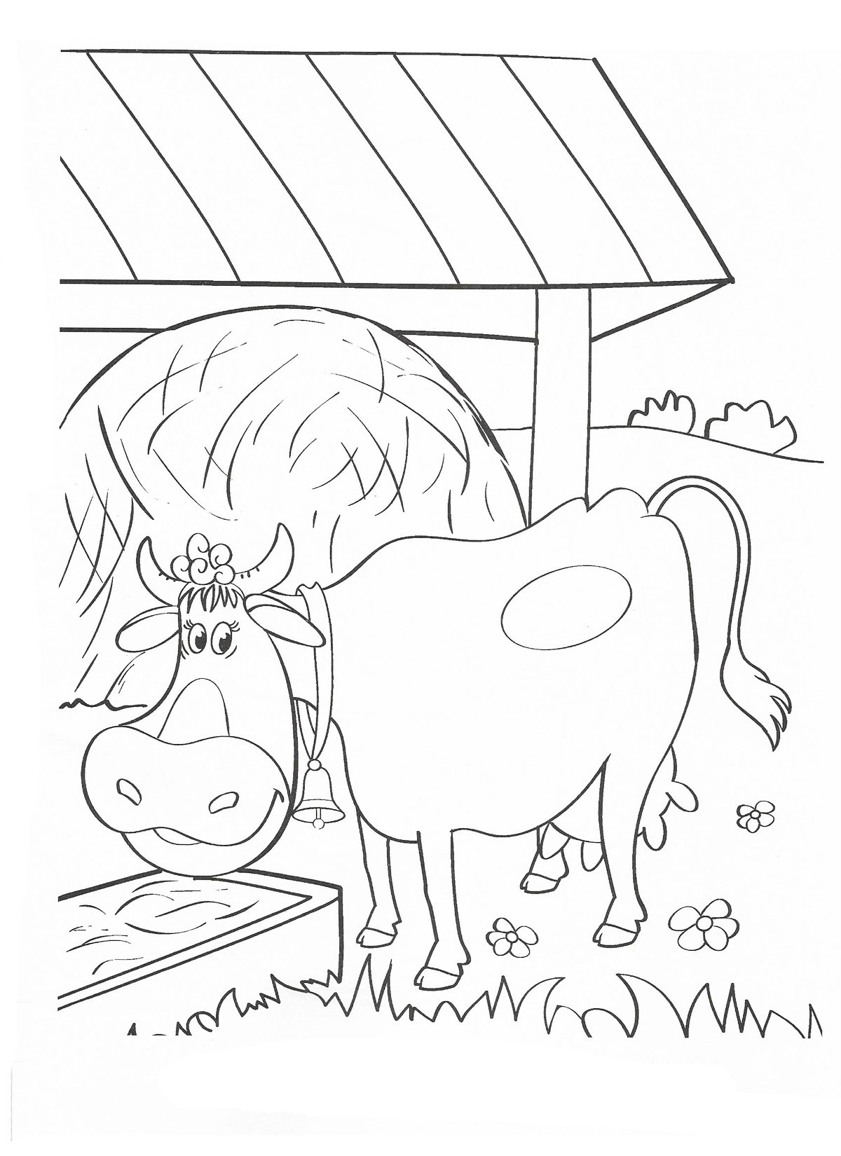 Раскраска корова ест сено