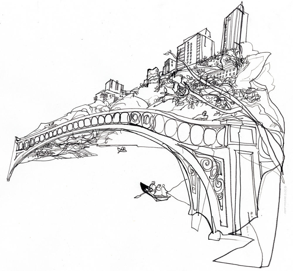 Эскиз города будущего карандашом