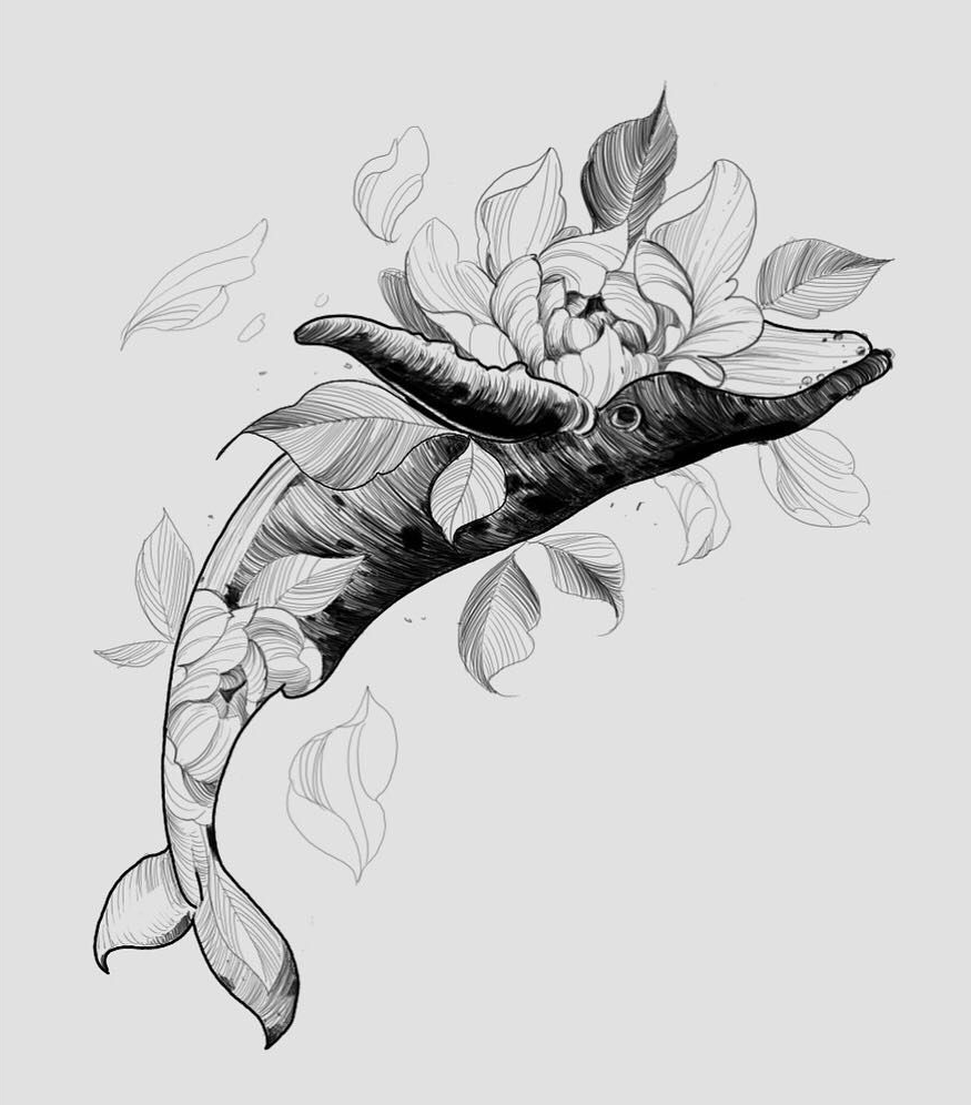 Тату кит в цветах