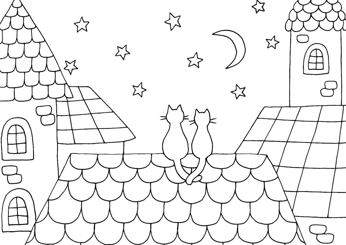 Два кота на крыше раскраска