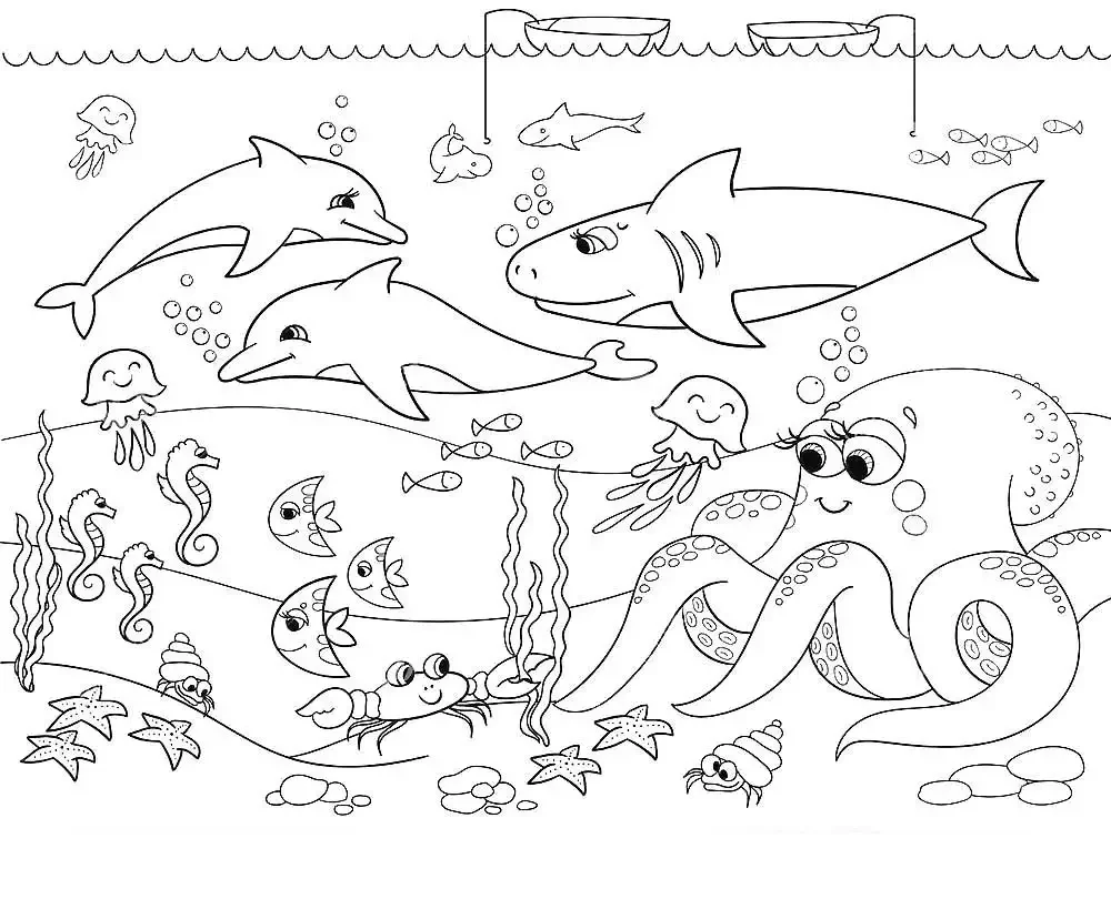 Раскраска море с дельфинами