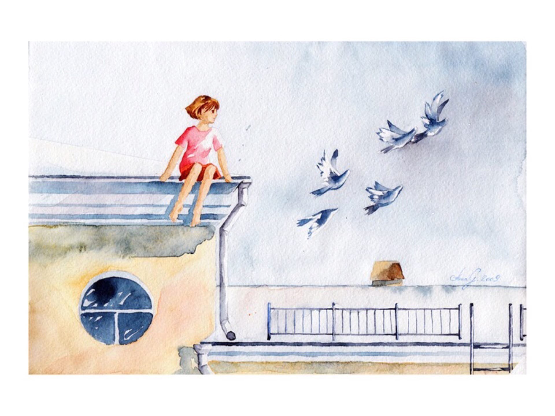 Нарисованная девочка на крыше