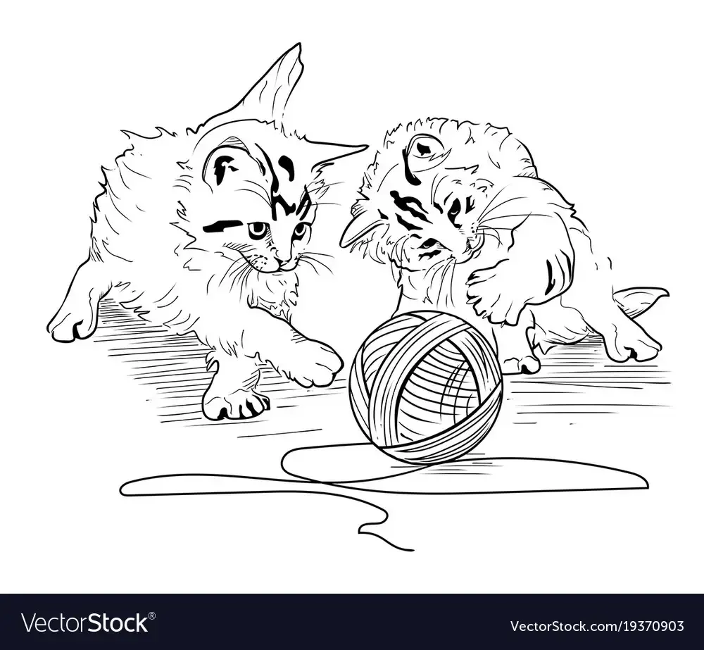 Котенок играющий с клубком раскраска