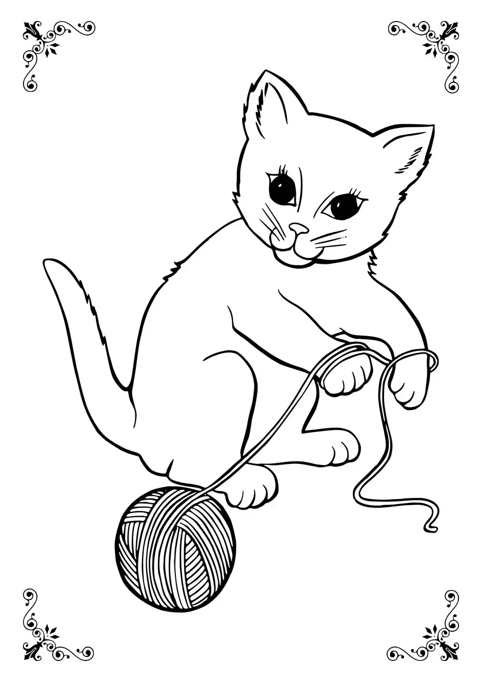 Раскраска котик с мячиком