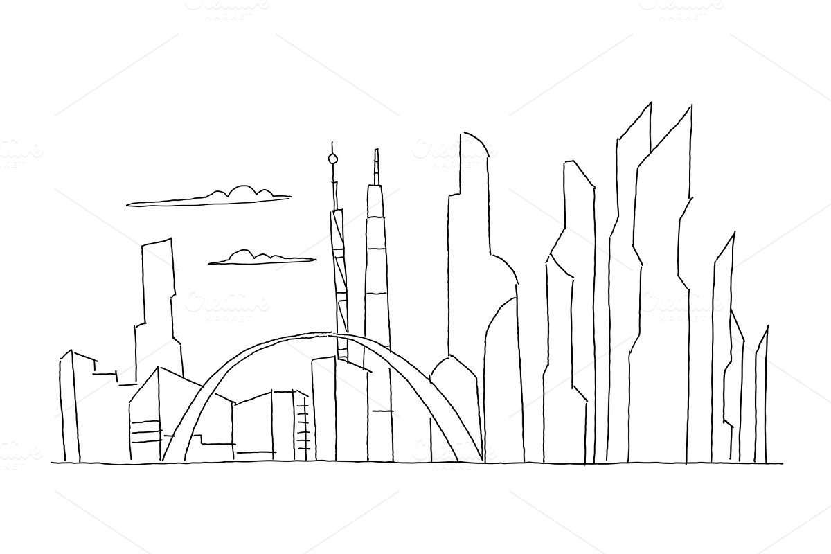 Эскиз города будущего карандашом