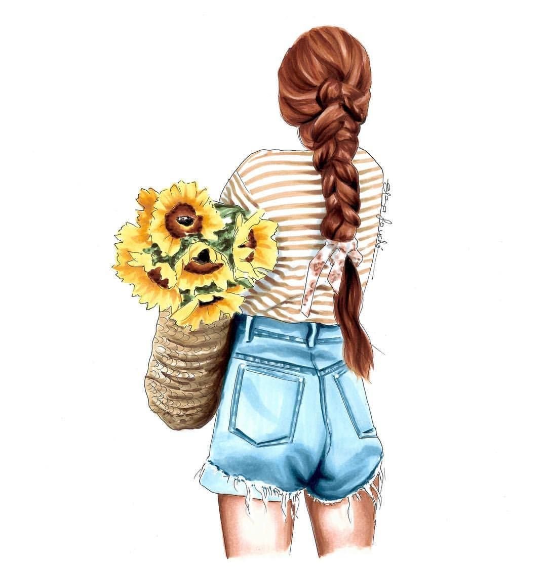 Нарисованная девушка с букетом