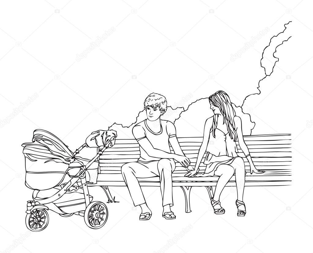 Раскраска семья с коляской