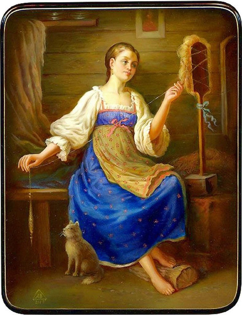 Девочка за прялкой