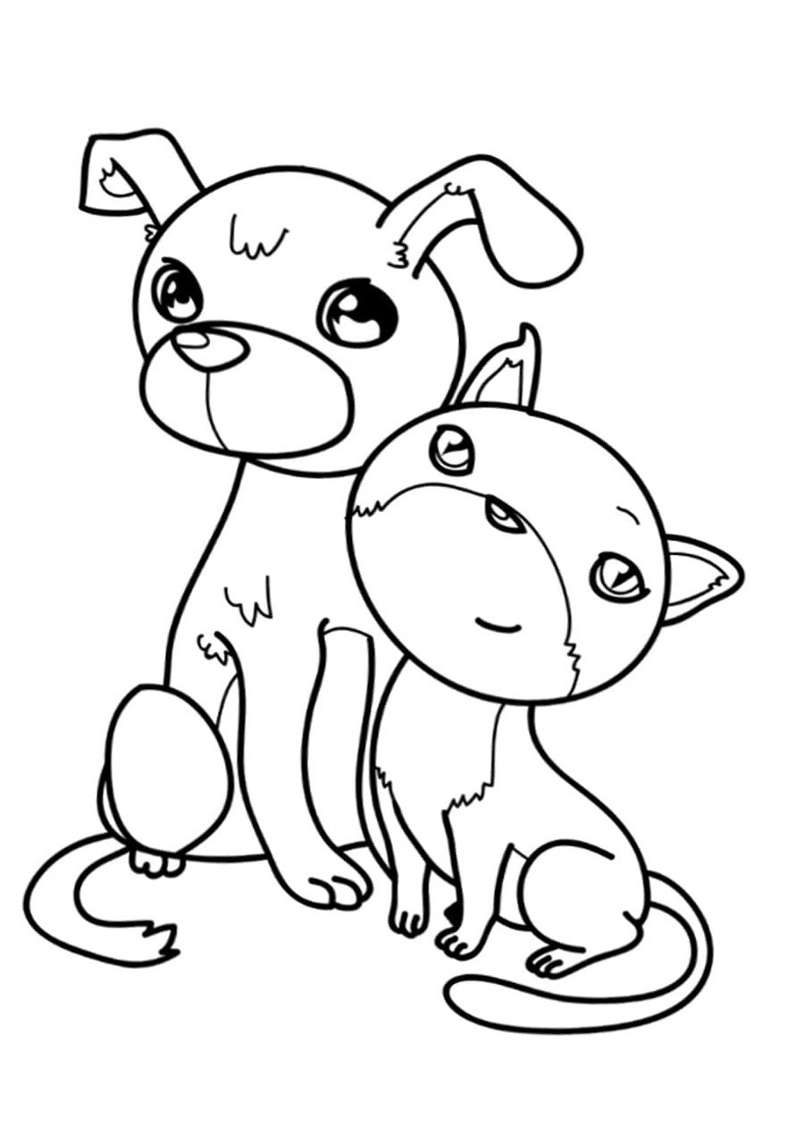 Раскраска котик и щенок обнимаются