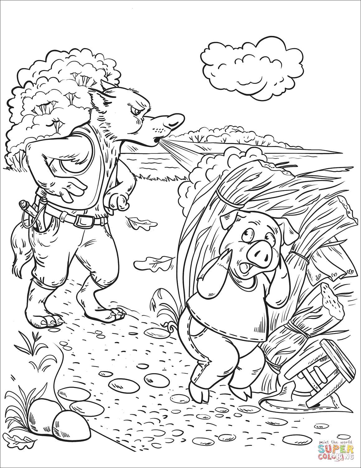 Три поросенка и волк раскраска