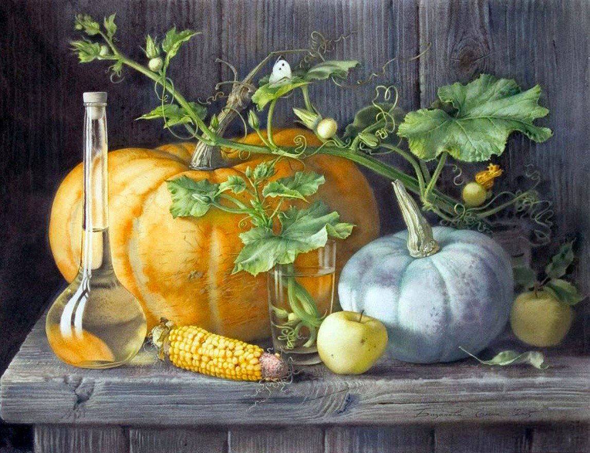 Натюрморт с тыквой акварель Елены Базановой