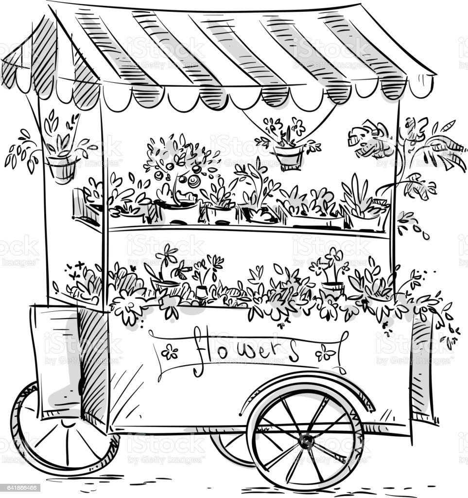 Тележка с цветами раскраска