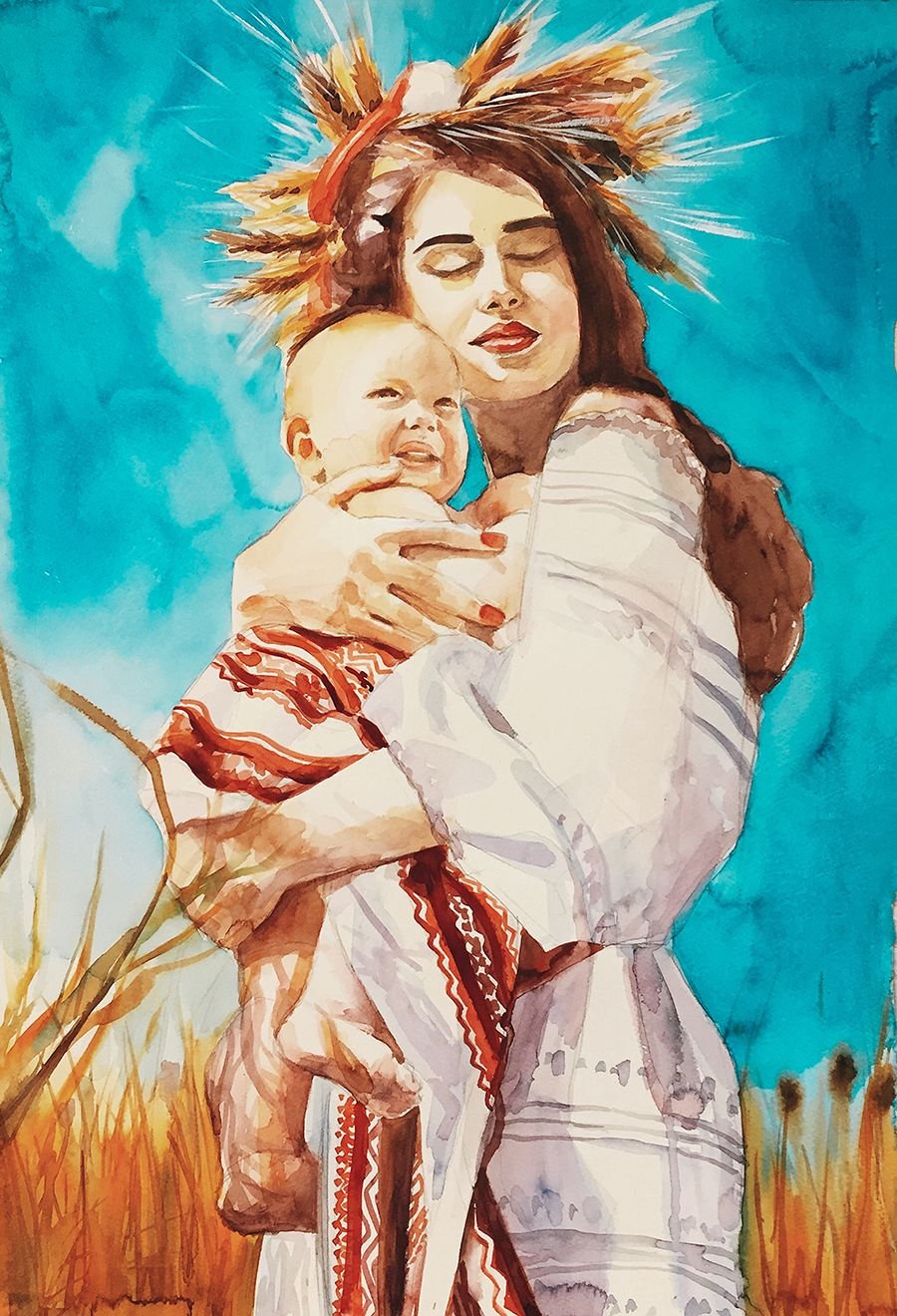 Мать и ребенок акварель