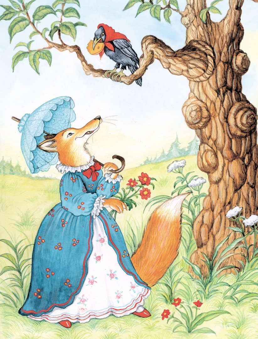Иллюстрация к басне Эзопа ворон и лисица
